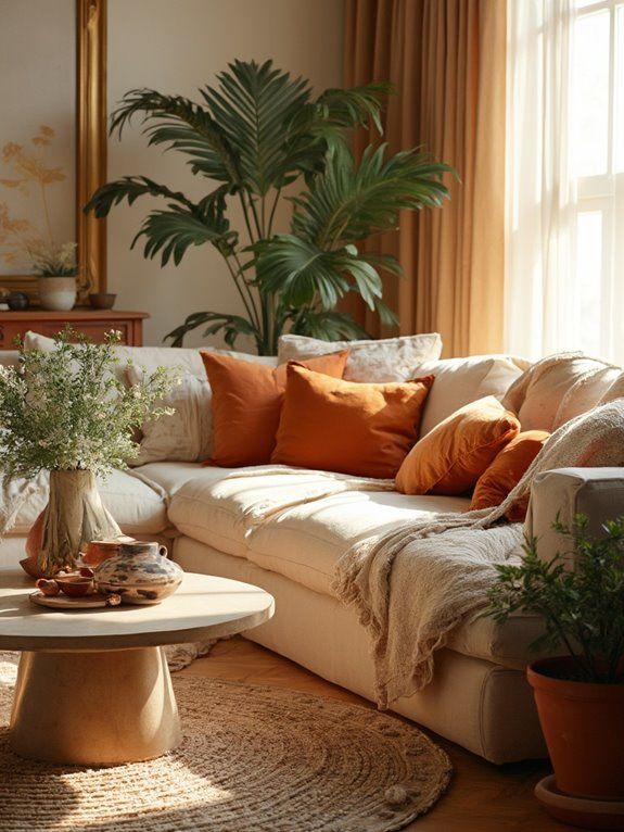 Ambiance hygge dans un salon aux tons chauds