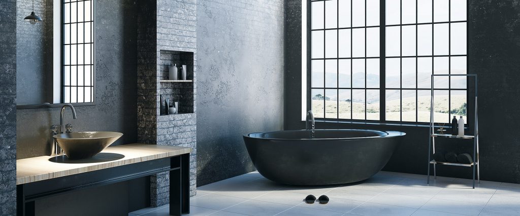salle de bain avec baignoire noire