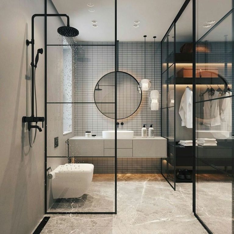 salle de bain industrielle avec porte en verre