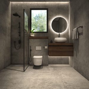 salle de bain industrielle avec ciment